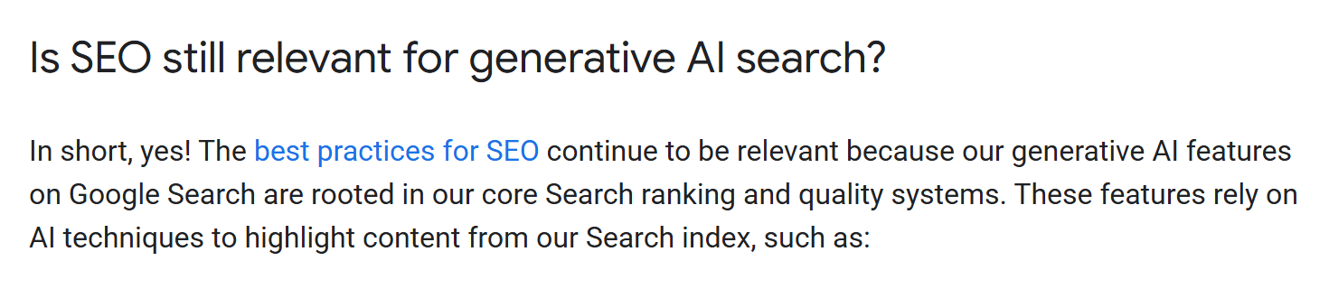 Google’s guide to generative AI search: “Is SEO still relevant for generative AI search? In short, yes!”